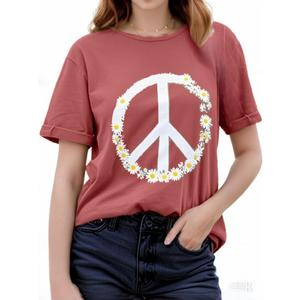 KevaMolly Women Peace Sign T-Shirt Flower Print Short Sleeve Casual Summer Tees Trendy Daisy Pattern Loose Fit Tshirt Tops Clay Red XXL