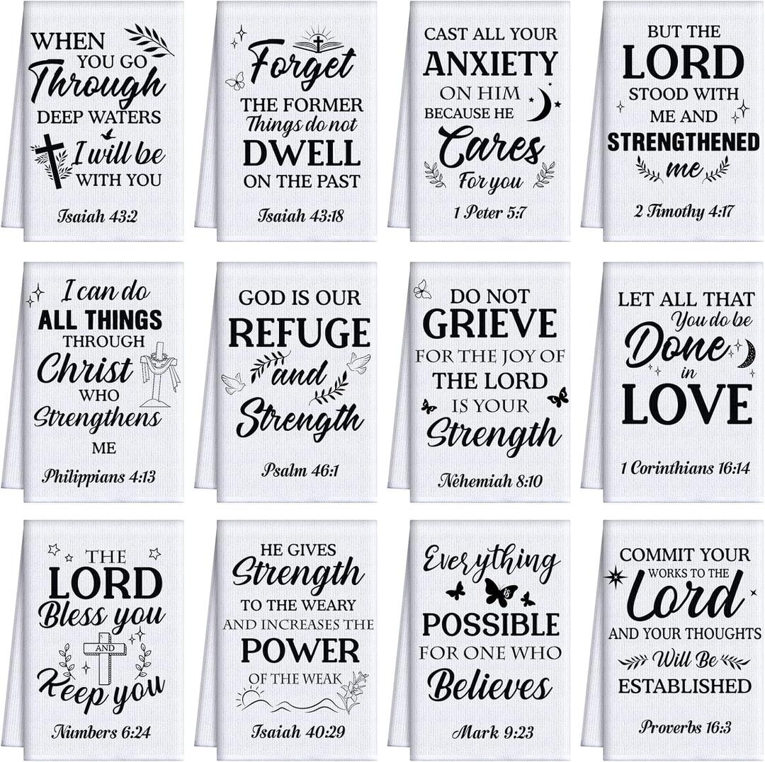 12 Pcs Easter Religious Christian Kitchen Dish Towel Christian Gifts for Women Men Bible Verse Dishcloth Absorbent Scripture Tea Towel for Housewarming(White and Black,Classic)