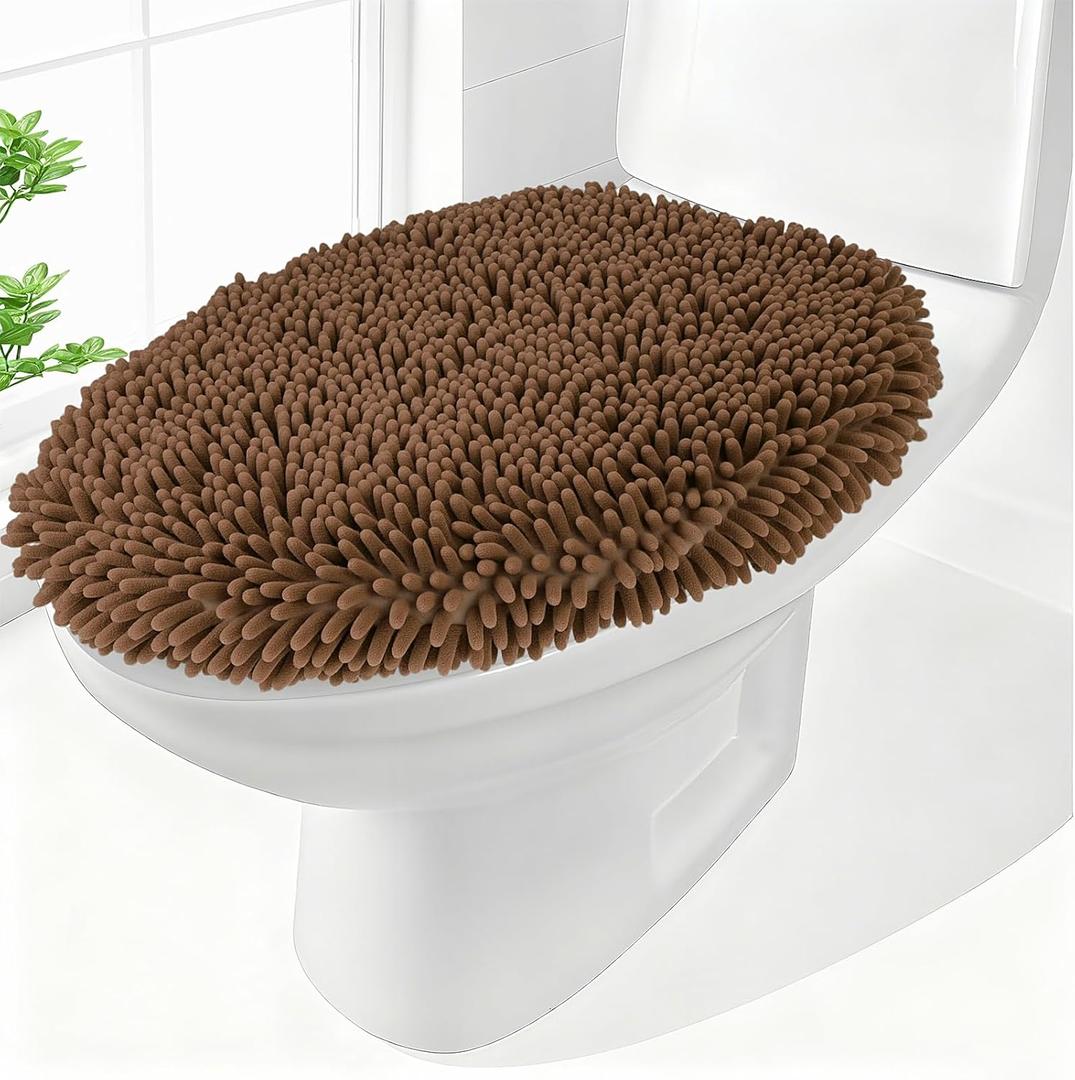 Chenille Elongated Toilet Seat Cover 19.5"x 15" Machine Washable Solid Toilet Lid Cover Adjustable Rubber Backing Fits Only 18-19.5" L x 14-16" W Elongated Toilet Seat