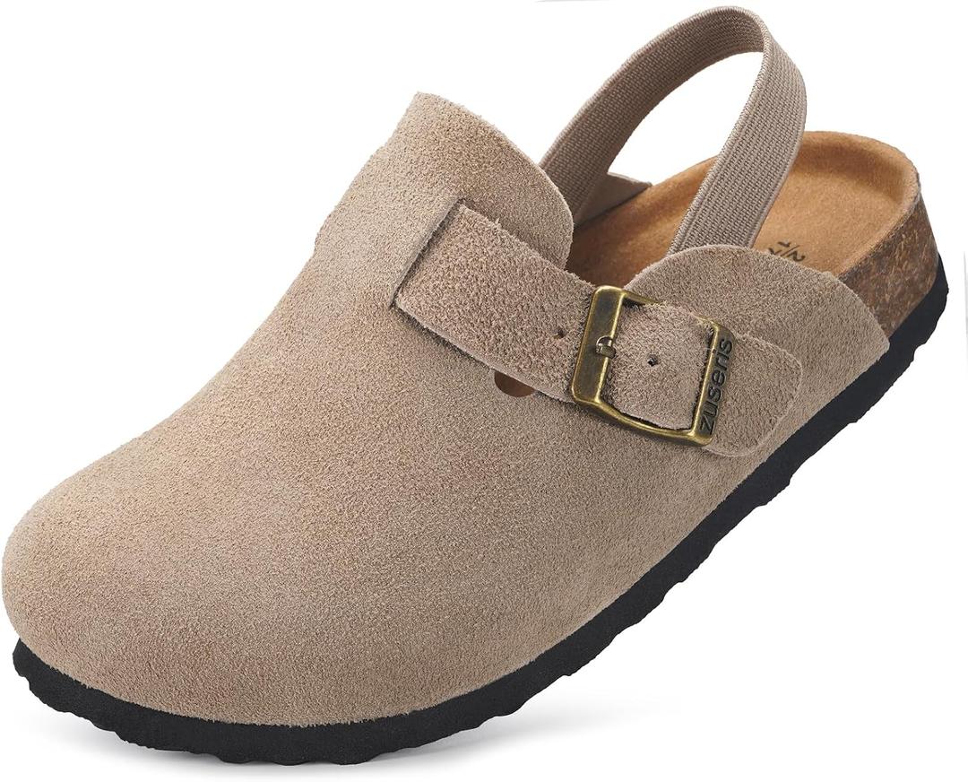 ZUSERIS Kids Toddler Suede Clogs Boys Girls Leather Mules House Slippers Comfort Non Slip Cork Footbed Sandals with Straps & Adjustable Buckle,Apricot,11-12 Little Kid