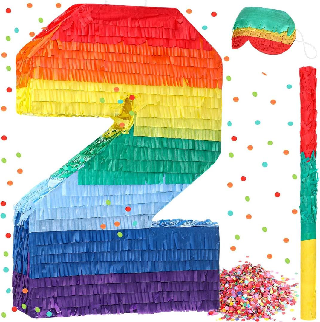 Sratte Rainbow Number Piata Multicolor Piata Small Kid Birthday Party with Blindfold Stick and Confetti for Birthday Anniversary Cinco De Mayo Fiesta Party Decor(Number 2)