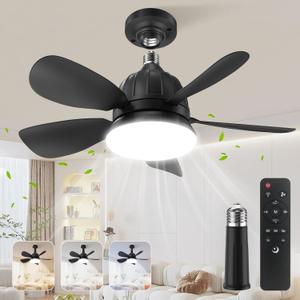 Socket Fan Light with Remote: 18'' Small Ceiling Fans with Lights, 2000 Lumens Dimmable Led Bulb, 3 Colors 3000K-6500K, Easy Install Screw in E26 Base for Bedroom Living Room Kitchen Garage (Black)