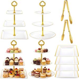 Willinglong 10 Pack Cake Stand Set Cake Stand with Gold Rim,Flower Top
4 Three-tier Cupcake Stands, 4 Serving Trays, 2 Tongs for Dessert Table Display, Elegant Plastic Pastry Tower for Weddings