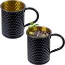 MyGift 18 oz Moscow Mule Mugs, Set of 2 Matte Black Cocktail Drinking Cups with Handles and Gold Tone Interior, Metal Cup Hammered Finish