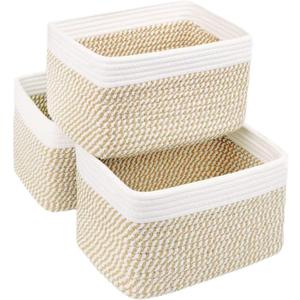 Small Cotton Rope Storage Basket Set of 3-11"x7"x7" Perfect Woven Baskets for Storage, Ideal Storage Baskets for Organizing Toys, Towels, and More - Baskets for ShelvesWhite & Mixed Camel