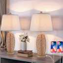 27" Rattan Table Lamps Set of 2, Touch Switch Nightstand Bedside Lamps with 2 USB Ports, Oatmeal Lampshade Wicker Lamp, Farmhouse Table Lamp for Living Room,Bedroom,Room Decor,End Table,Retro,Brown
