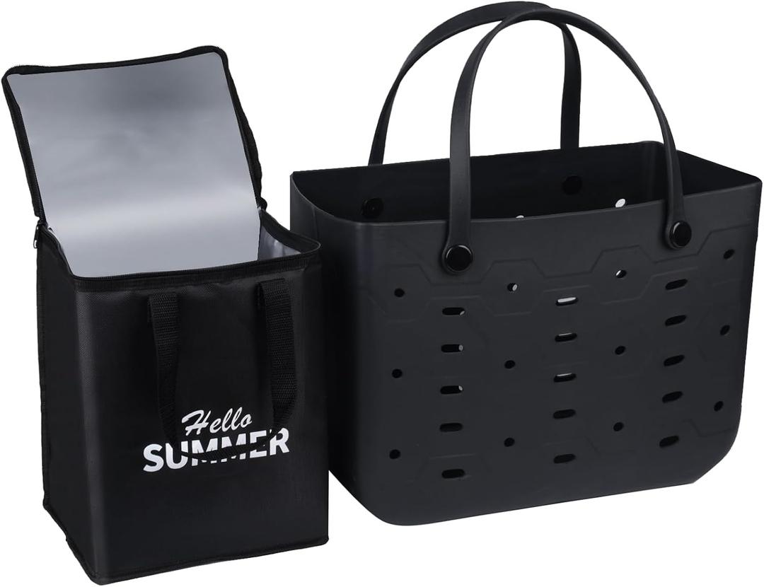 PoVwlty Rubber Beach Bag with Insulated Cooler,Waterproof Tote for Summer, (BLACK, Medium)