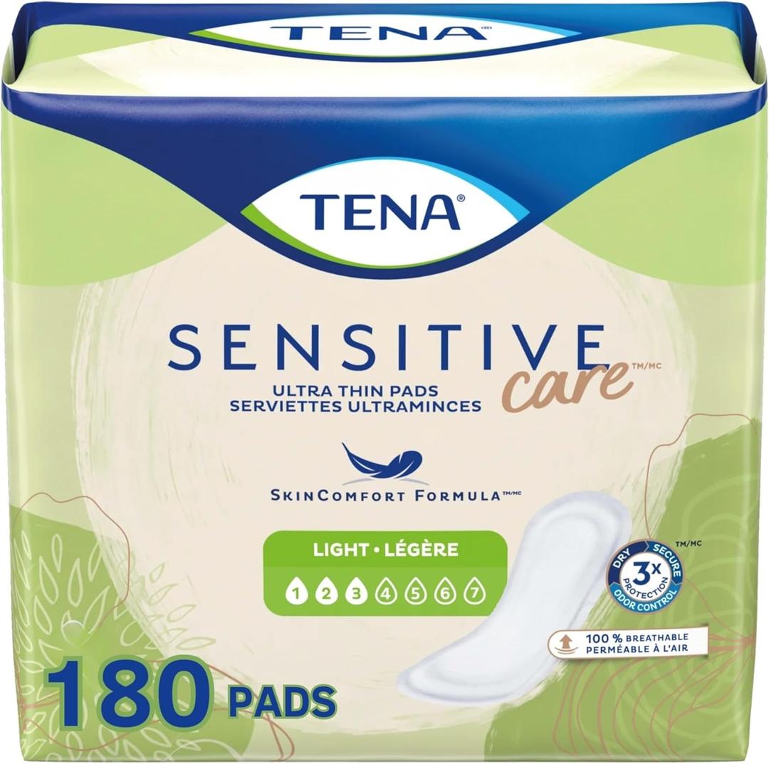 Tena Sensitive Care Ultra Thin Regular Adult Incontinence Pads for Women, Postpartum, Light Absorbency, 180 Count (30 Count (pack of 6))