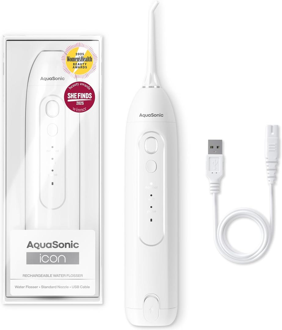 AquaSonic Icon Water Flosser for Teeth  Cordless Rechargeable Oral Irrigator  Waterproof, Portable Dental Cleaning with Jet Tip  Braces Home Travel - Pearl