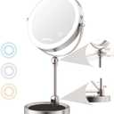 10" Makeup Mirror with Light, 12X/1X Lighted Magnifying Mirror, Angle Adjustable & 3 Color Dimmable, 360Rotatable Rechargeable Double Sided Desk Mirror with Light (White)
