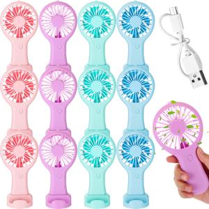 Woanger 12 Pcs Mini Handheld Fan Bulk 3 Speed USB Electric Battery Operated Small Portable Pocket Fan with Data Cable and Mounting Base Quiet Summer Gift for Wedding Travel(Pink Blue Green Purple)