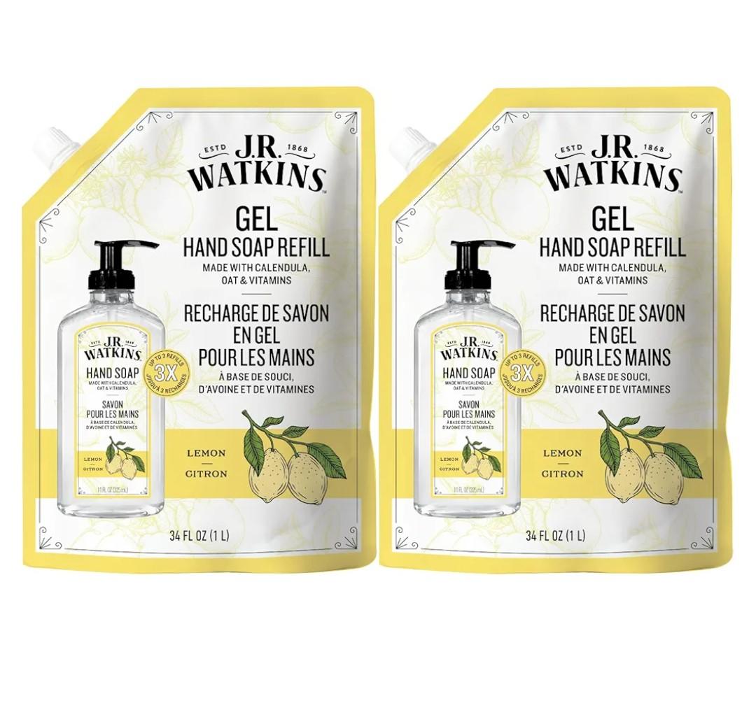 J.R. Watkins Gel Hand Soap Refill, Moisturizing Hand Wash, Formulated with Plant-Based Cleansers, Alcohol-Free, Cruelty-Free, Lemon, 34 Fl Oz, 2 Pack