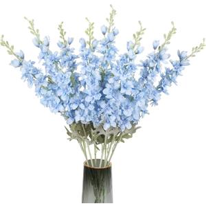 8PCS Blue Delphinium Artificial Flowers Larkspur Fake Flowers 33.5in Long Stem Faux Silk Flowers Bulk for Tall Vase for Home Wedding Floral Arrangement Centerpiece Table Decorations (Baby Blue)