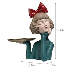 Girl Figurine Decor Resin Decoration Creative Ornament Figure Art Sculptures and Statues for Home Office Living Room Table, Bow with Tray Green