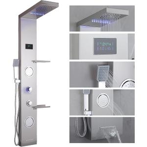 LED Shower Panels Tower System, LCD Temperature Display with Shelf, 304 Stainless Steel System with Rainfall Shower Head with Handheld Massage Body Jets Waterfall Bathtub, Brushed Nickel