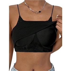 OYOANGLE Women's Sparkly Sequin Crop Cami Top Spaghetti Strap Padded Tops Ring Linked Cutout Camisole, L