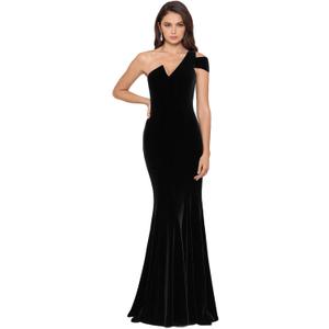 Betsy & Adam Women's Long Velvet Sleeveless One Cold Shoulder Stretch Sheath Gown (10, Black)