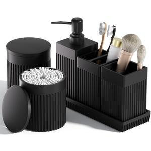 6-Piece Black Bathroom Set - Sleek Resin Organizer with Soap Dispenser, Toothbrush Holder, Vanity Tray, Tumbler & Apothecary Jars for Small Spaces