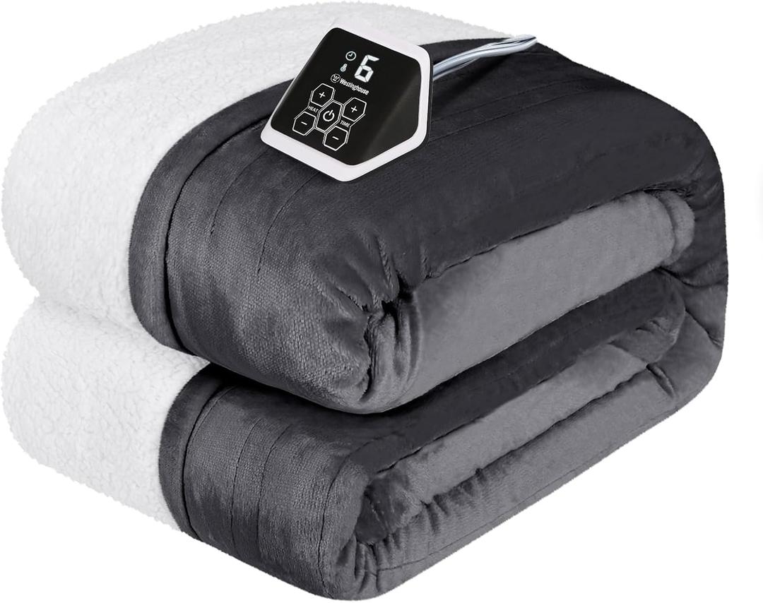 Westinghouse Heated Blanket Full Size, Soft Flannel to Sherpa Electric Blanket with 10 Heating Levels, 1-12 Hours Auto Shut Off, Fast Heating Warming Blanket, Machine Washable, 72x84 Inch, Charcoal