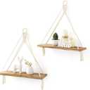 Mkono Macrame Hanging Shelves Boho Wall Decor Set of 2 Rustic Wood Floating Storage Shelf for Bedroom Bathroom Living Room Nursery Dorm Room, Display Shelving for Hanging Plants Photos (White)