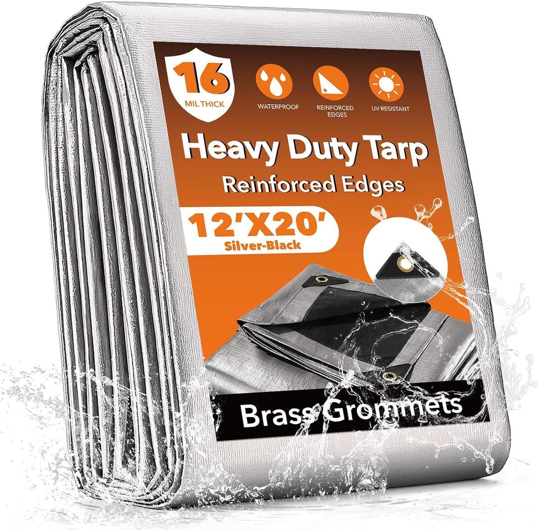 12x20FT Waterproof Tarp, Yumatum 16 Mil Heavy Duty Tarps with Reinforced Edges/Brass Grommets, 100% UV Blocking/Tear Resistant Poly Tarp for Camping, Patio, Tent, Boat(Silver/Black)