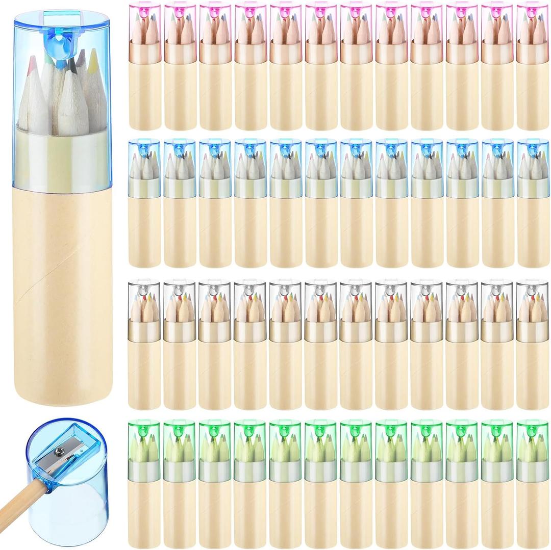 Kosiz 24 Pack Mini Colored Pencils with Sharpener Bulk Easter Gifts Bulk 3.5" Drawing Portable Handheld Coloring Pencils in Tube for Artists Writing Sketching(6 Colors)