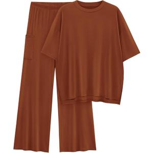 KIRUNDO 2 Piece Lounge Sets for Women Airport Travel Vacation Outfits Summer Casual Loose Short Sleeve Tops & Wide Leg Pants (Brown, L)