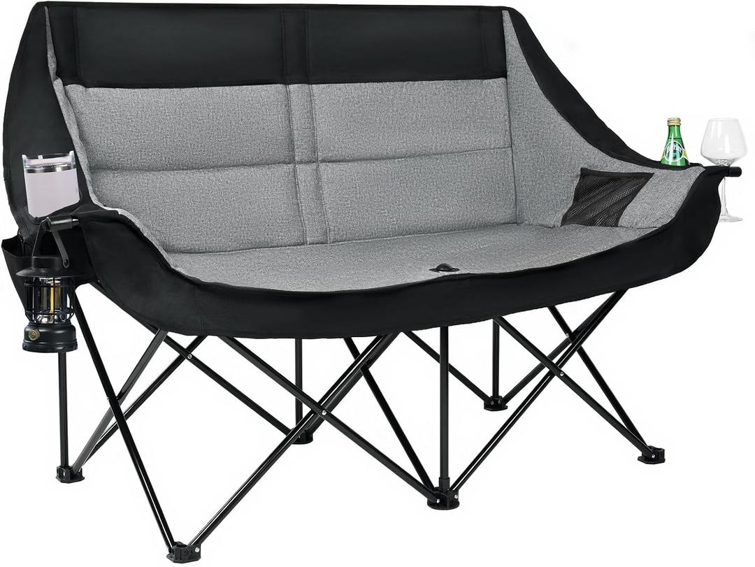 Double Camping Chair 2 Person Loveseat, 800LBS Heavy Duty Chair, Grey, Full