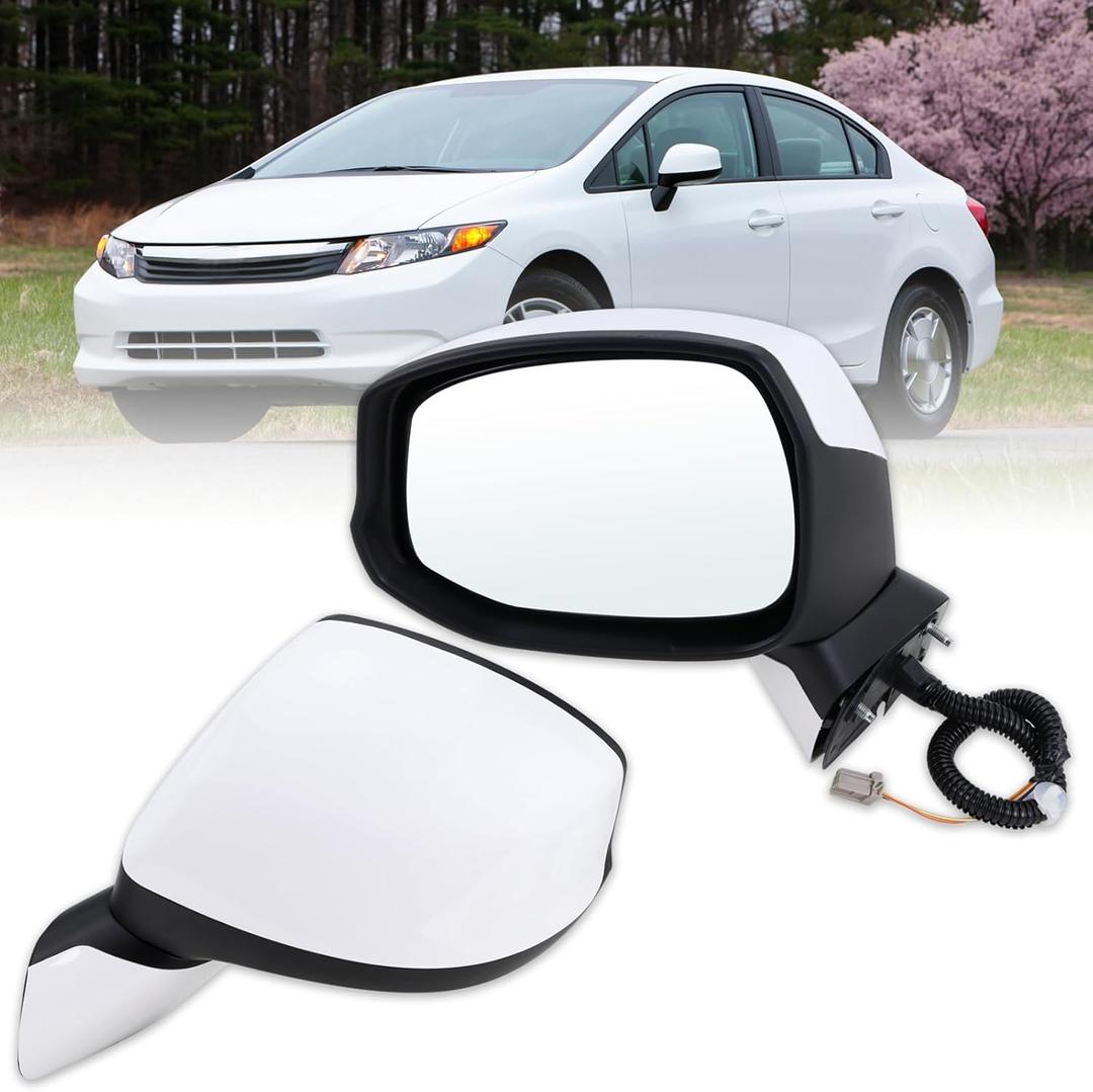Left Driver Side Mirror Compatible With 2012 2013 2014 2015 Honda CIVIC With Manual Folding Power Glass Non-Heated Without Turn Signal White Replace#76252TR0A01(3Pins)