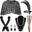1920s Flapper Accessories Set for Women Roaring 20s Accessories Great Gatsby Costume Kit (Black Silver)