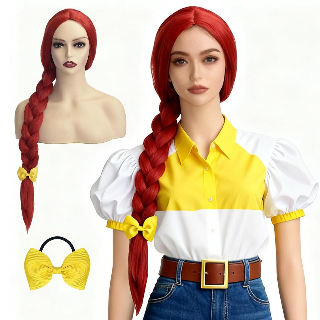 QACCF Long Red Braided Wig with Yellow Bow Hair Accessory Cosplay Costume Women Wig