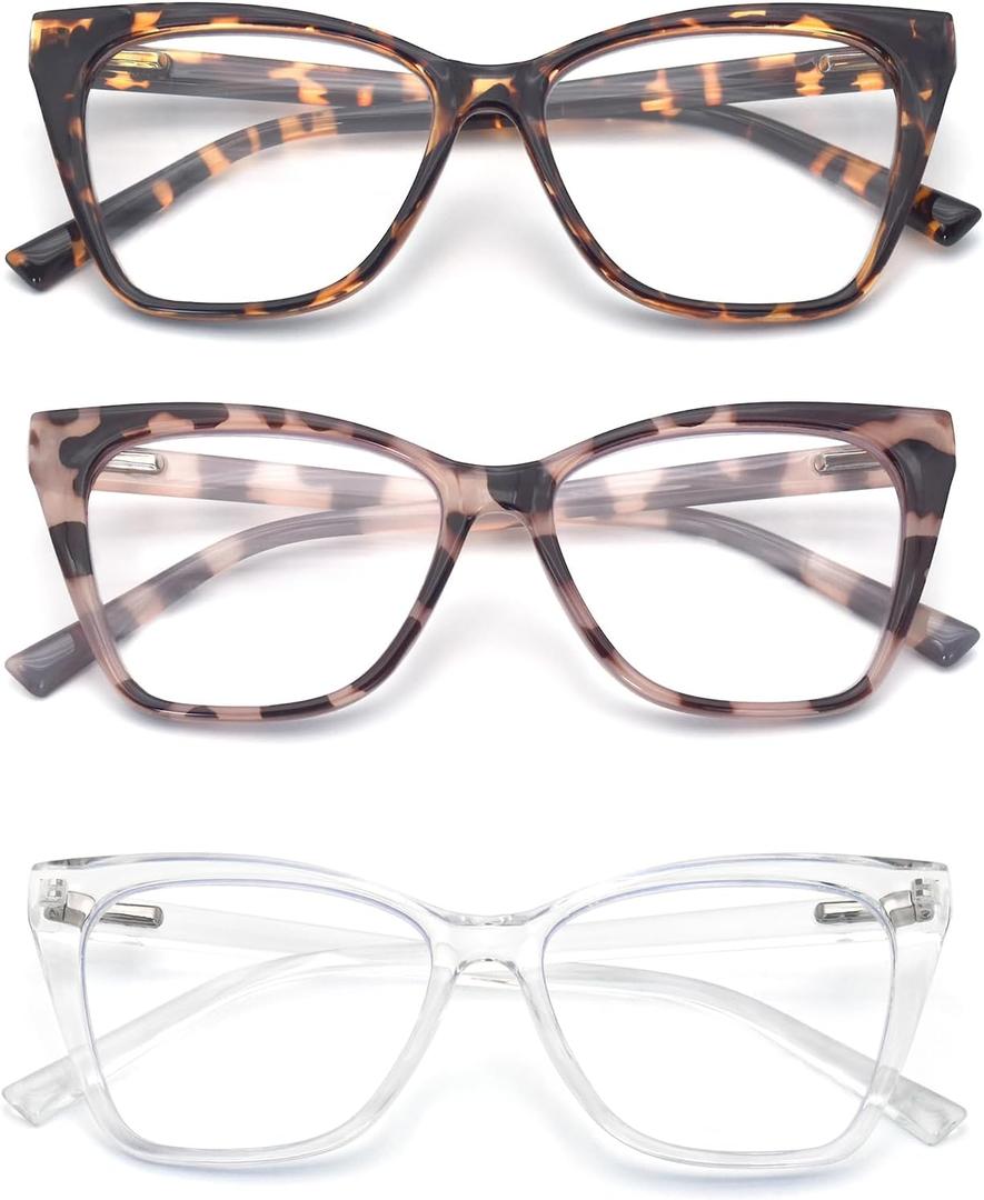 3-Pack Reading Glasses for Women Stylish Oprah Cat-Eye Spring Hinge Readers Anti Blue Light Eyestrain/Glare/UV (S3 Tortoise Pink-bdot Transparent)