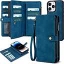 TwoHead for iPhone 14 Pro Wallet Case with Card Holder, Detachable Magnetic Phone Case PU Leather Wallet for Women/Men, with Wrist Strap (6.1 in, Navy Blue)