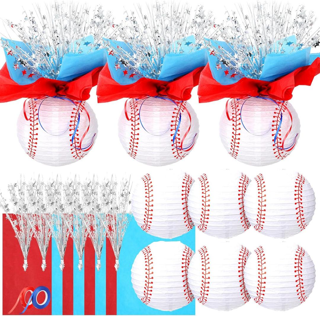 26 Pieces Baseball Paper Lanterns Decorations Centerpieces Sport Centerpieces Supplies with Metallic Foil Spray Centerpiece Wrapping Paper and Ribbons for Sport Birthday Party