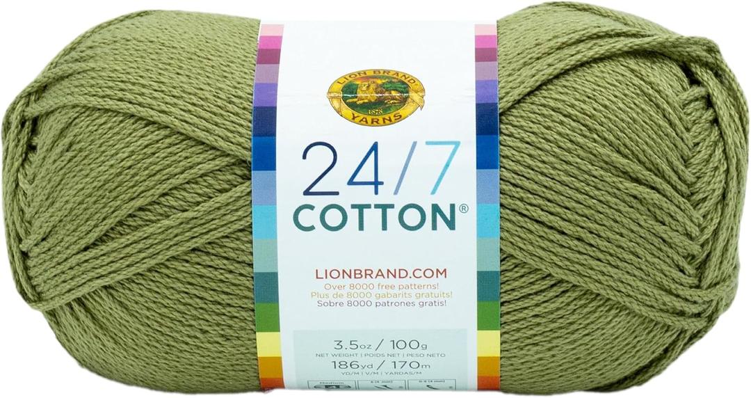 Lion Brand Yarn Lightweight 24/7 Cotton Yarn for Knitting, Crocheting, and Crafts, Bay Leaf, 1 Pack