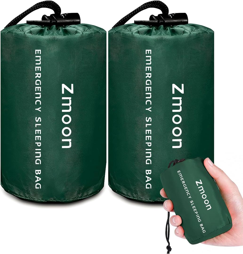 Zmoon Emergency Sleeping Bag Survival Bag, Portable Waterproof Thermal Bivy Sacks, Bivvy Bags, Camping Mylar Sleeping Bag Survival Gear Emergency Blankets Survival Shelter (Green Pack of 2)