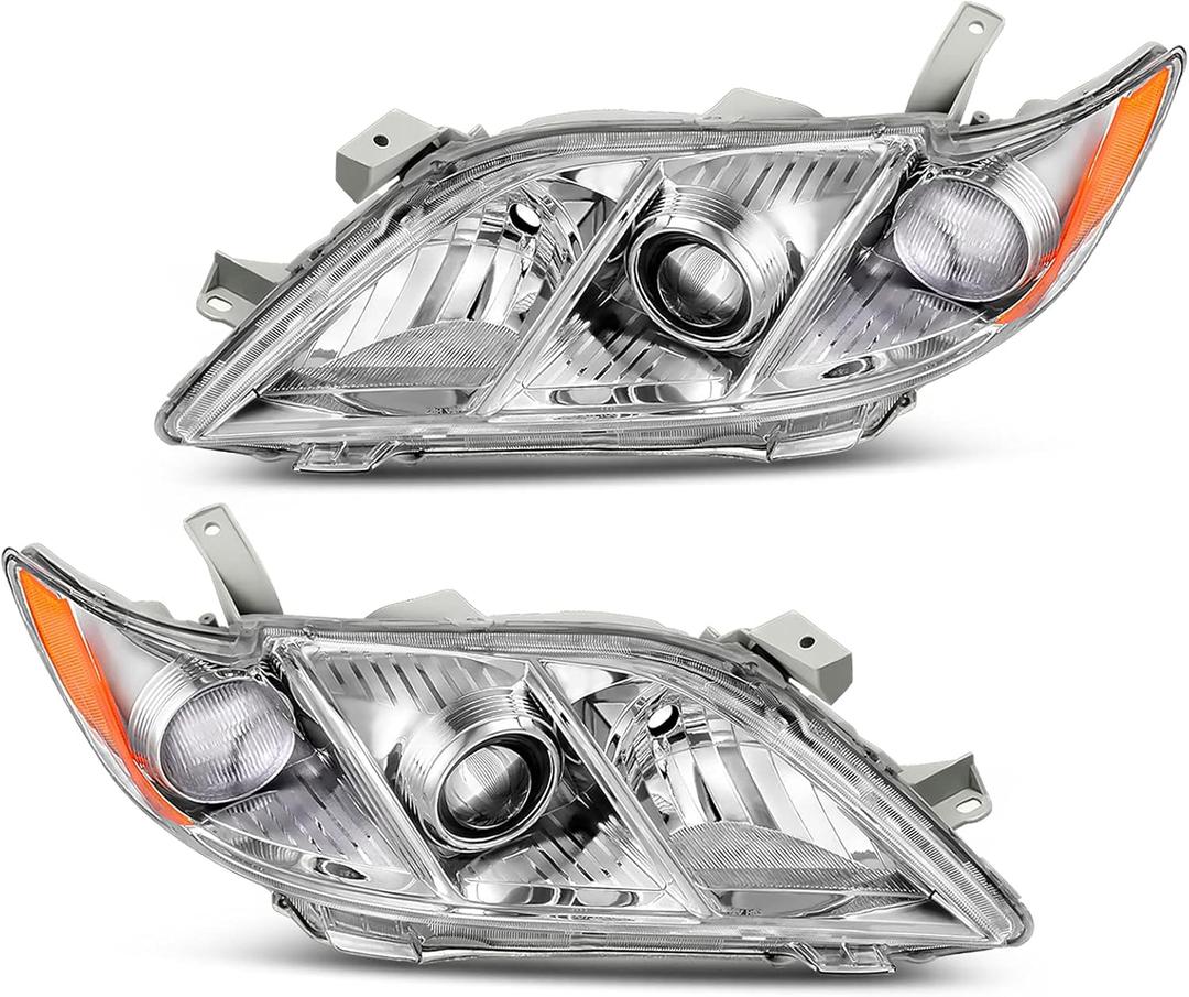 DWVO Projector Headlight Assembly Compatible with 2007 2008 2009 Camry Exclude Hybrid Chrome Housing Headlamp with Amber Reflector Clear Lens (Driver and Passenger Side)