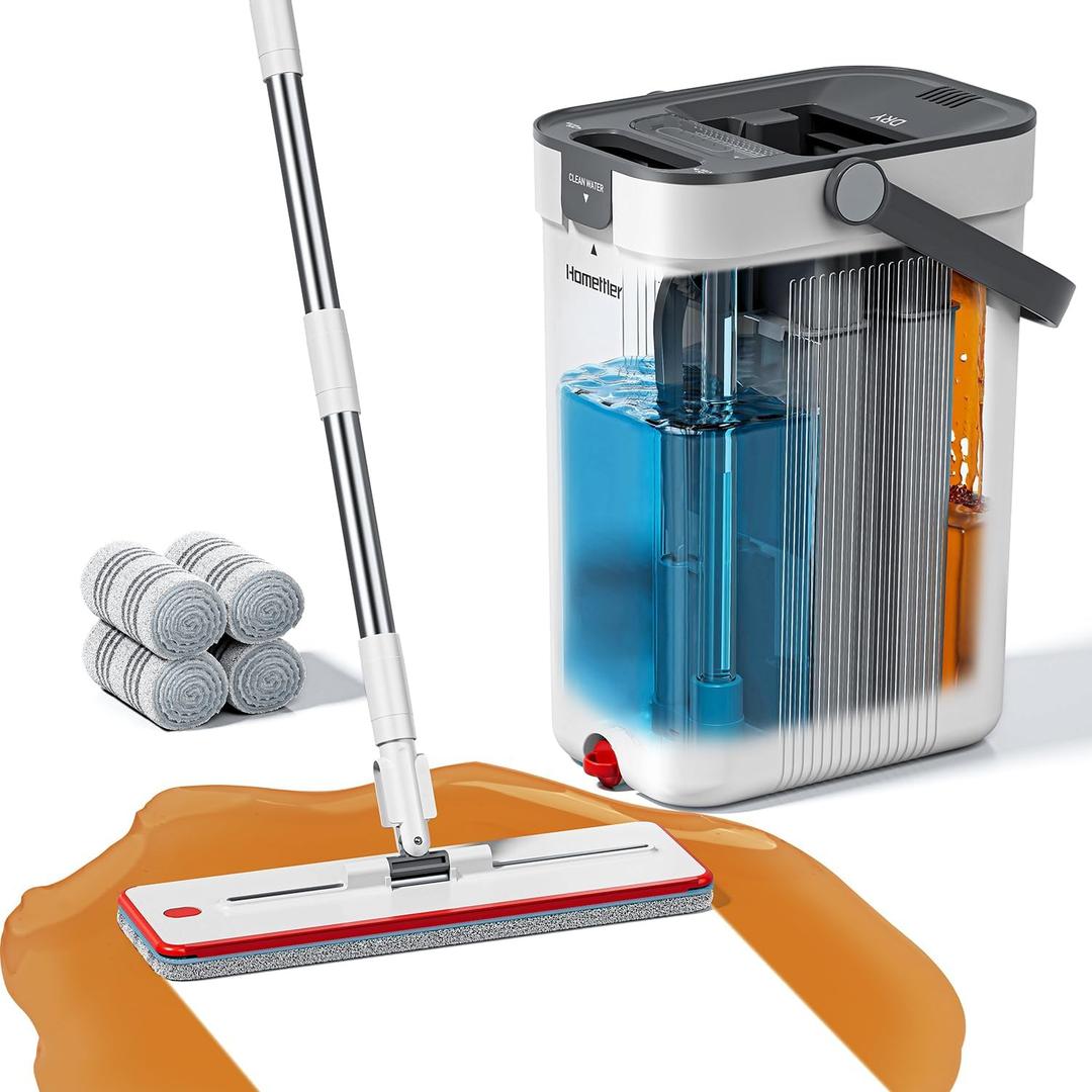 HoMettler Mop and Bucket Set, Flat Mop and Bucket System with Separate Dirty and Clean Water, 3-Compartment Wall Cleaner Mop, Flat Mops for Floor Cleaning with 4 Microfiber Pads