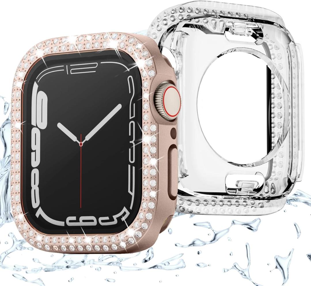 2-Pack 2-in-1 Waterproof Bling Case for Apple Watch 40mm Series 6 SE 5 4 with Tempered Glass Screen Protector, Crystal Diamonds Rhinestone Overall Durable Cover Front & Back Bumper for iWatch 40mm