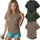 3 Pack Girls' Short Sleeve T-Shirts Loose Fit Crew Neck Tops Raglan Curve Hem Shirts Casual Kids Basic Tees 5-14Y
