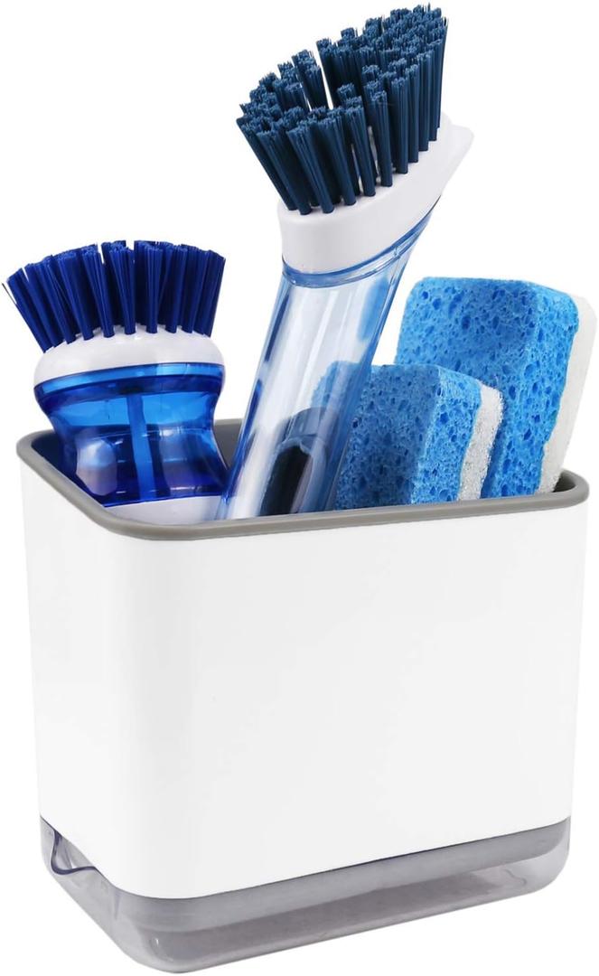 KeFanta Sink Counter Caddy, Plastic Dish Sponge Holder, Kitchen Brush and Scrubber Organizer with Drain Tray, White (Grey and White)