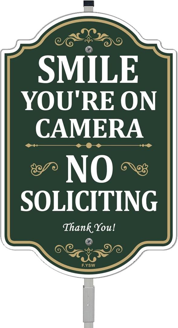 No Soliciting Smile You're On Camera Thank You Sign 12" x 8" With 35" Long Metal Stakes Private Property Video Surveillance With Stand Aluminum Outdoor Use Yard Business Home
