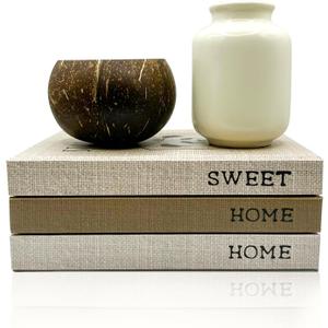 Decorative Books Set of 3 - Modern Home Decor with Coconut Bowl & Ceramic Vase - Coffee Table Books for Home Decoration