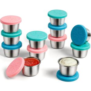 Freshmage [12 Pack 2.4oz Stainless Steel Dressing Container with Silicone Lids, Reusable Leakproof Condiment Containers Small Sauce Container Sets