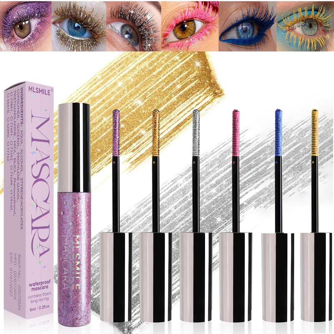 6 Colors Colorful Mascara for Eyelashes Set, Pearly Glitter Waterproof No Smudge, Charming Voluminous, Halloween Christmas Eyes Makeup