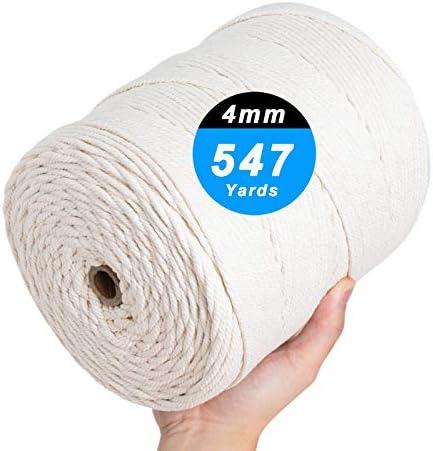 AIFUN Macrame Cord 4mm x 547Yards, Natural Cotton Macrame Rope - 4 Strands Twisted Macrame Cotton Cord for Wall Hanging, Plant Hangers, Crafts, Gift Wrapping and Wedding Decorations（4mmX500m）