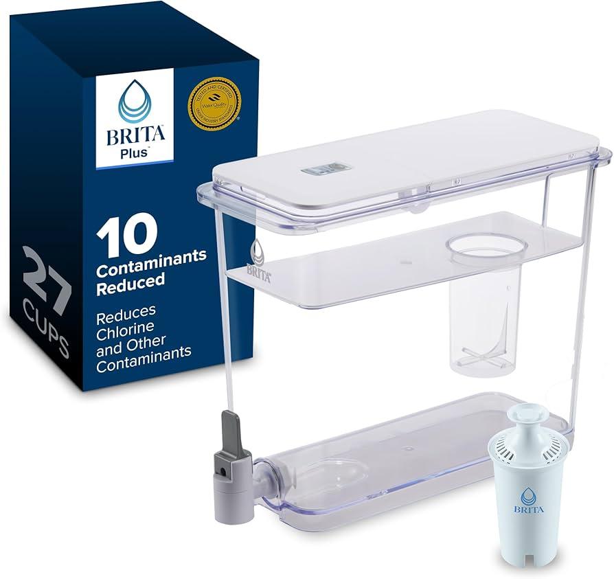 Brita ExtraLarge 27Cup Water Dispenser with BritaPlus Filter, WQA NSF/ANSI Certified, Reduces 2X Contaminants vs. Standard, Reduces Chlorine, Zinc, Copper, Mercury & More, 1 Filter Included, White