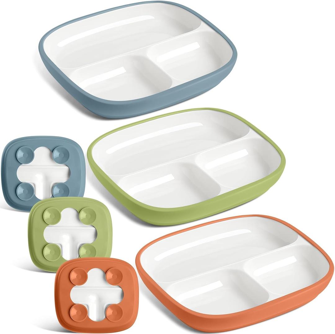 Domensi 3 Set Kids Porcelain Plates with Silicone Sleeves 8.2 Inch Divided Porcelain Plate Toddler White Suction Dishes for Baby Troubleless Eating Microwave Dishwasher Safe (Elegant), about 8 x 8 x 1 inches
