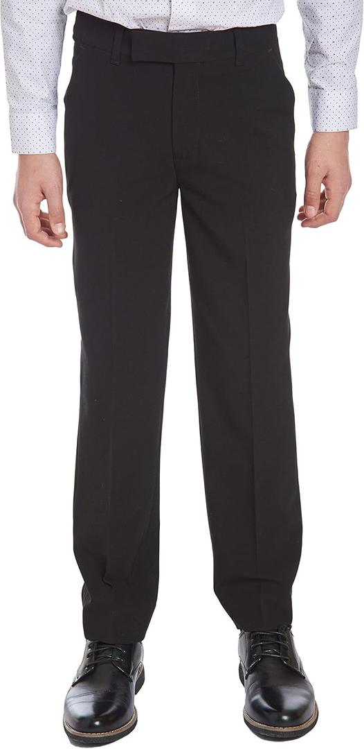 Calvin Klein Boys' Flat Bi-Stretch Dress Pant, Straight Leg Fit, Belt Loops & Front Pockets (8 Husky, Black)