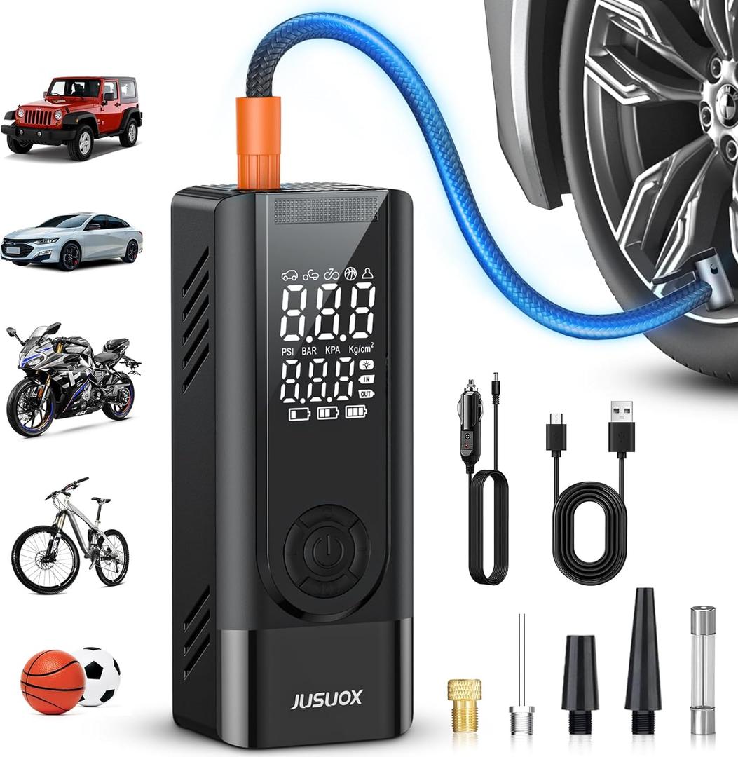 Tire Inflator Portable Air Compressor, 150PSI Cordless Air Pump for Car Tires, Battery & 12V DC Dual Power Electric Bike Tire Pump with Digital Pressure Gauge, LED Light, for Motorcycle, Ball (Medium)